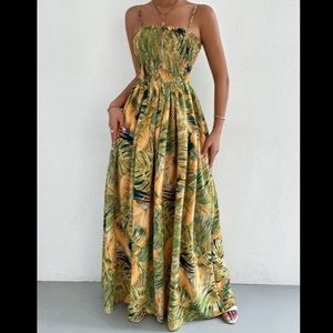 Yellow Tropical Print Split Thigh Maxi Dress
